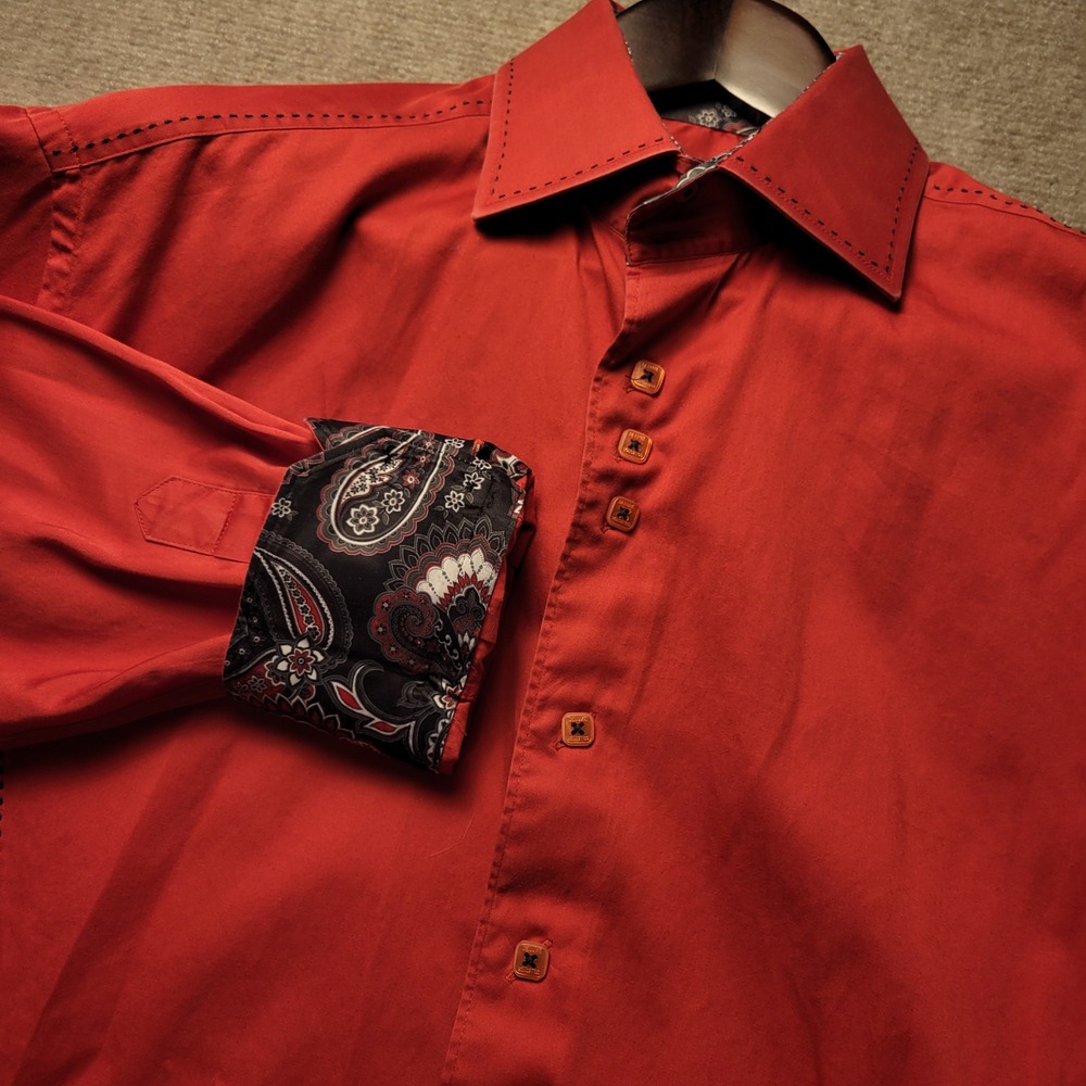 Xacus Button Down Shirt Mens L Red Paisley Contrast Cuffs Long Sleeve Cotton